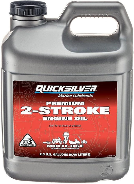 Quicksilver 8M0229791 Premium 2-Stroke Engine Oil  Outboards  PWCs  Snowmobiles and Motorcycles - 2.5 Gallon